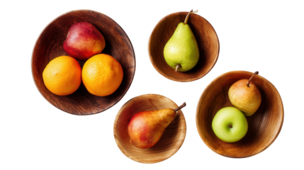 Handcrafted Wooden Bowls with Fruit: A flat lay of handcrafted wooden bowls filled with fresh fruit like apples and pears, isolated on a Transparent background, PNG file.