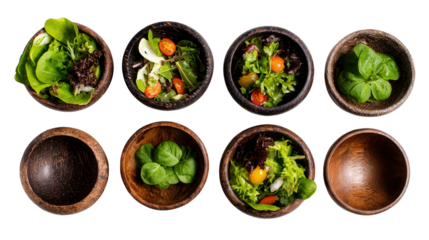 Handcrafted Wooden Bowls with Salad: A flat lay of handcrafted wooden bowls filled with fresh salad, isolated on a Transparent background, PNG file.