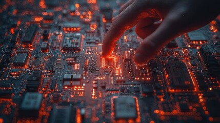 Human Hand Interacting with Glowing Circuit Board: A Macro View of Technology