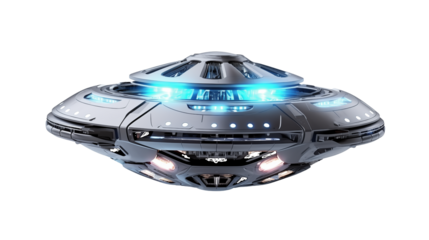 Futuristic silver spacecraft with glowing blue lights hovers against isolated on white or transparent png. 
