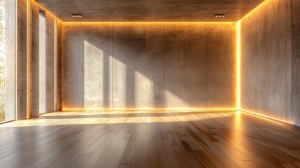 Modern minimalist concrete room with warm lighting and wooden floor