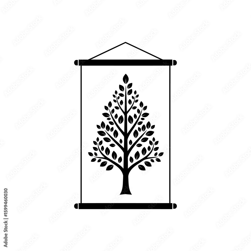 Poster a black and white drawing of a tree with leaves hanging on a scroll with a white background behind i