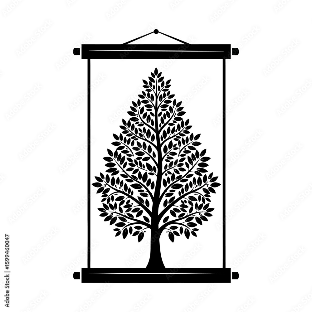 Poster A black and white tree design in a frame hanging from a string with a white background design art