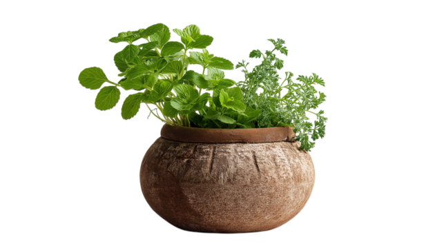 Fresh Herbs in Rustic Pot on Transparent Background