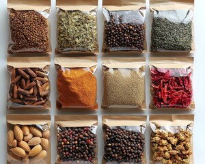 Assortment of spices and herbs in clear plastic pouches, nestled in brown kraft paper bags, displayed on a white surface in a grid pattern