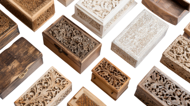 Handcrafted Wooden Boxes: A flat lay of handcrafted wooden boxes with intricate carvings, isolated on a Transparent background, PNG file. - Powered by Adobe