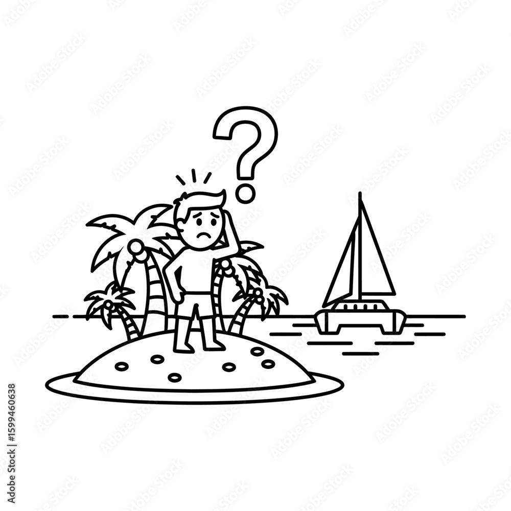 Poster a confused man on a deserted island with palm trees and a sailboat in the distance with question mar