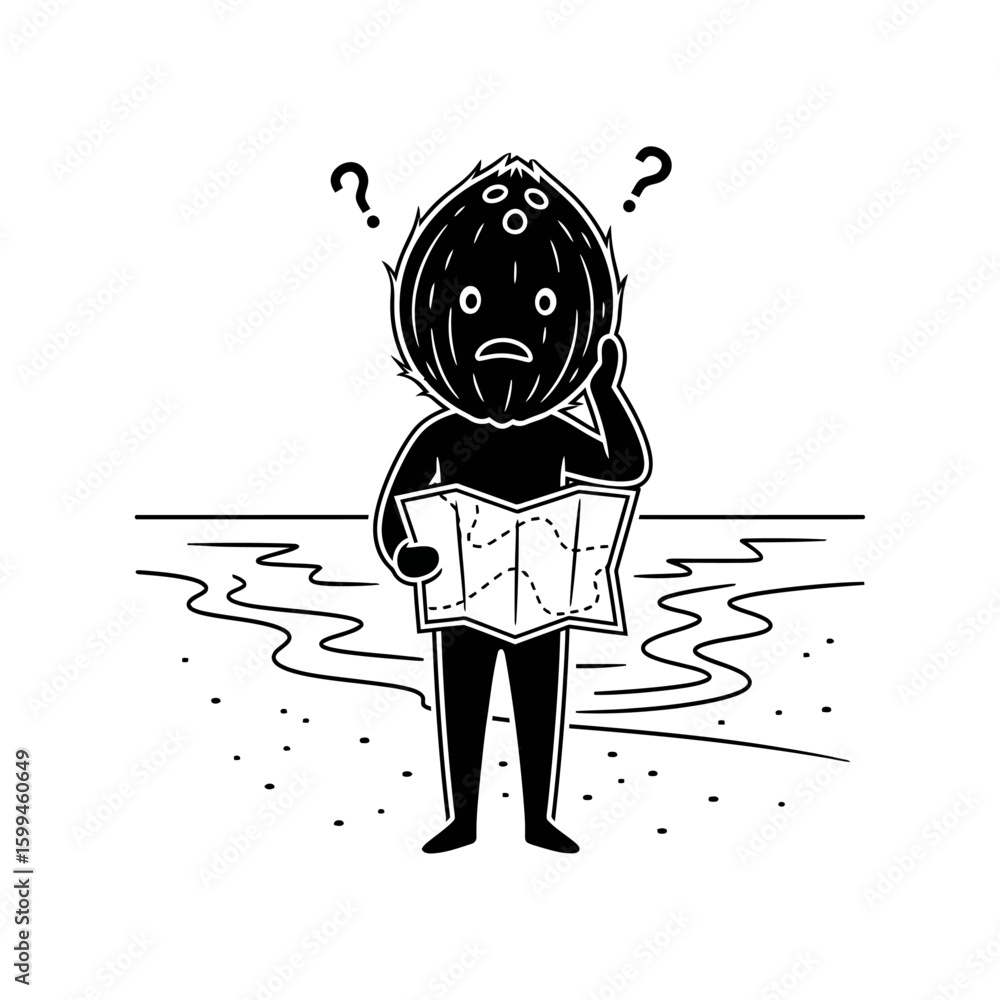 Poster a confused coconut character holding a map on a beach with question marks above its head in black an