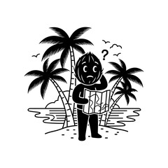 A coconut headed character is lost on a tropical island while reading a map with palm trees around
