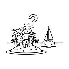 A confused man on a deserted island with palm trees and a sailboat in the distance with question mark