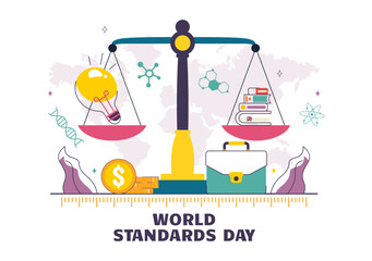 World Standards Day Vector Illustration on October 14 featuring a Globe, Stopwatch, Ruler Scale, and Quality Board in a Flat Style Cartoon Background