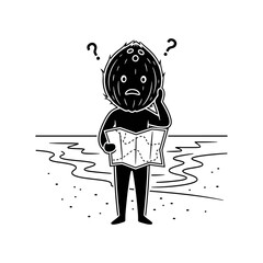 A confused coconut character holding a map on a beach with question marks above its head in black and white