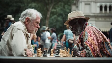 Ultra-realistic cinematic, iconic, unique landscape photography of two old men playing chess in Washington Square Park in New York City one white old man and one african old man playing chess deep in