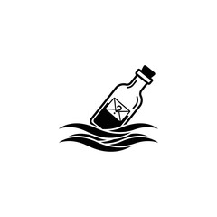 A black and white illustration of a bottle floating in the ocean with a question mark inside it