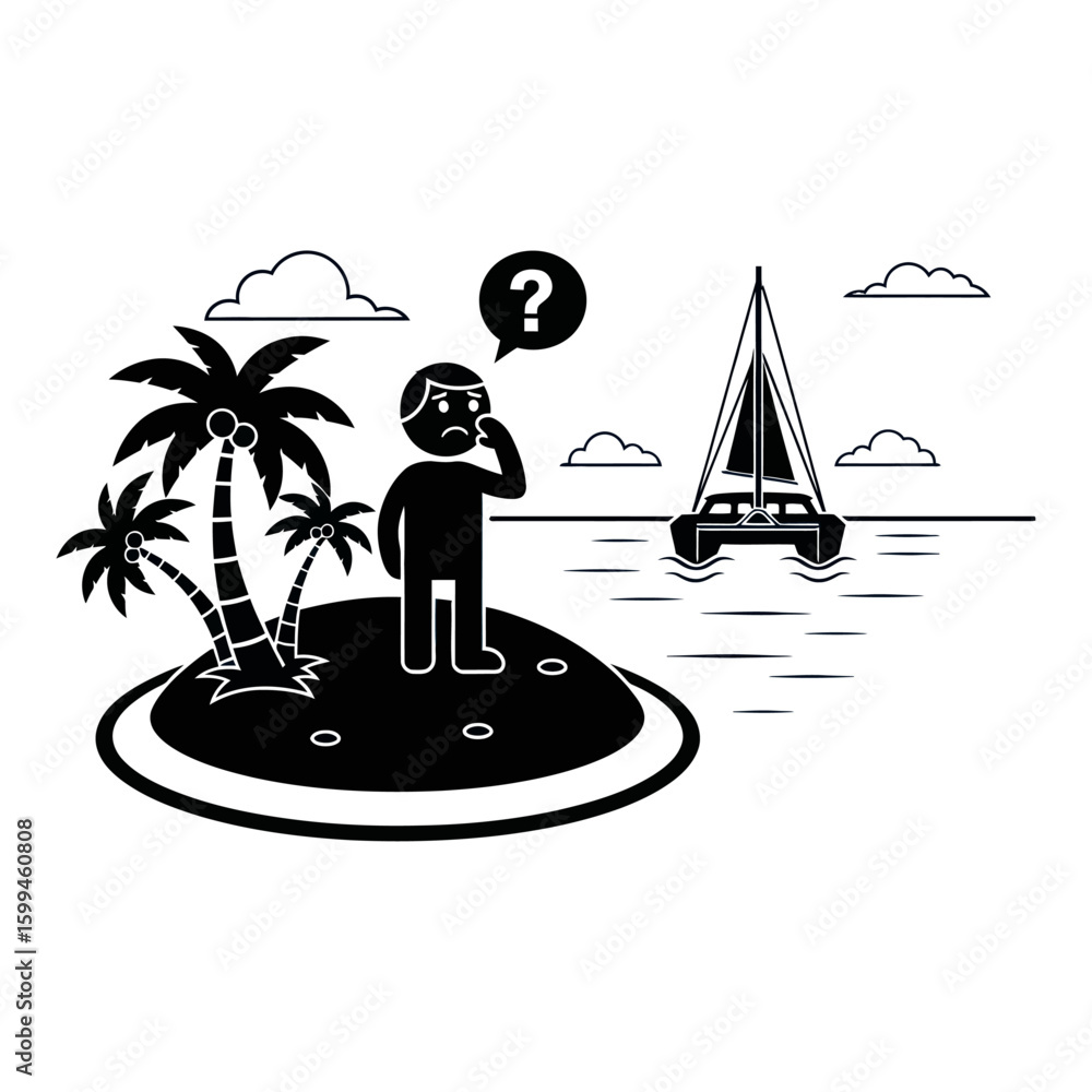 Poster a stick figure stranded on an island with palm trees looking at a sailboat with a question mark abov