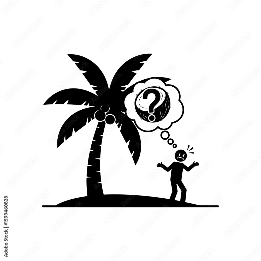 Poster a stick figure under a palm tree is confused about a coconut with a question mark inside a thought b