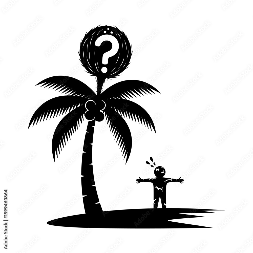 Poster black silhouette of a palm tree with a question mark and a person with stars on a gray background
