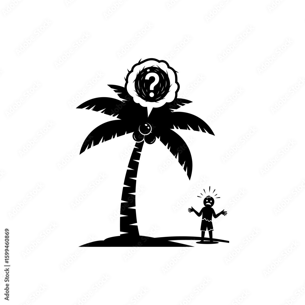 Poster a confused stick figure under a palm tree with a question mark in a thought bubble above the tree to