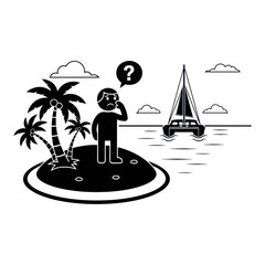 A stick figure stranded on an island with palm trees looking at a sailboat with a question mark above