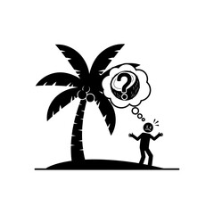 A stick figure under a palm tree is confused about a coconut with a question mark inside a thought bubble