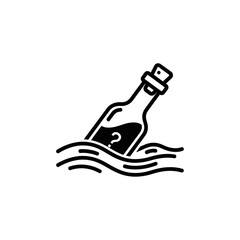 A black and white drawing of a bottle with a question mark floating in the ocean on a white background