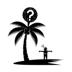 Black silhouette of a palm tree with a question mark and a person with stars on a gray background