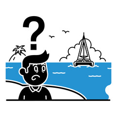 A person with a question mark above them looking at a boat on the ocean with a tropical island behind