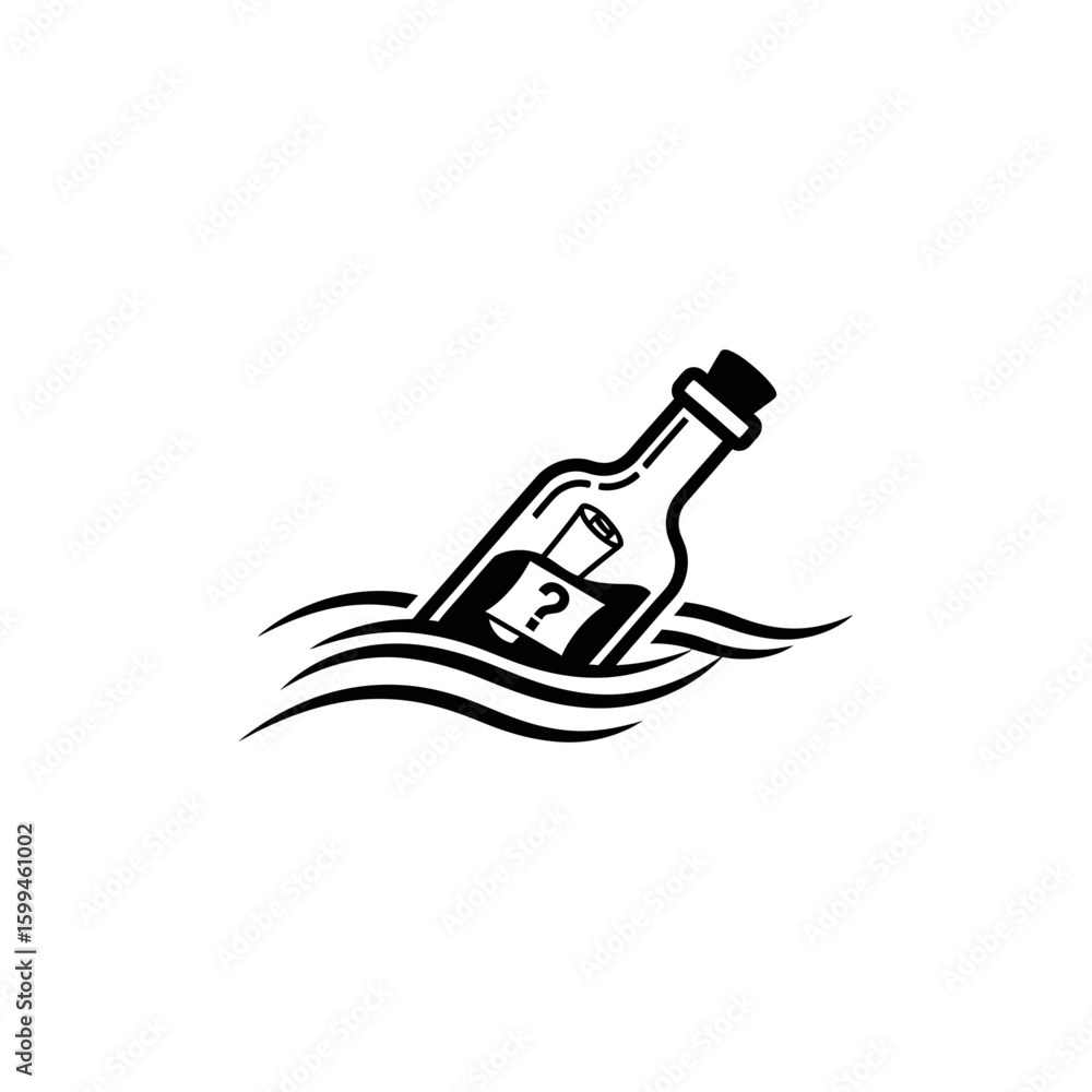 Aufkleber a black and white graphic of a bottle floating in water with a message and question mark inside it