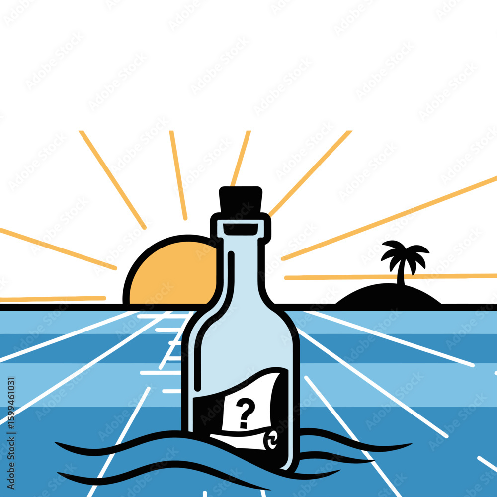 Poster a message in a bottle floating on the ocean with a tropical island and sunset in the background scen