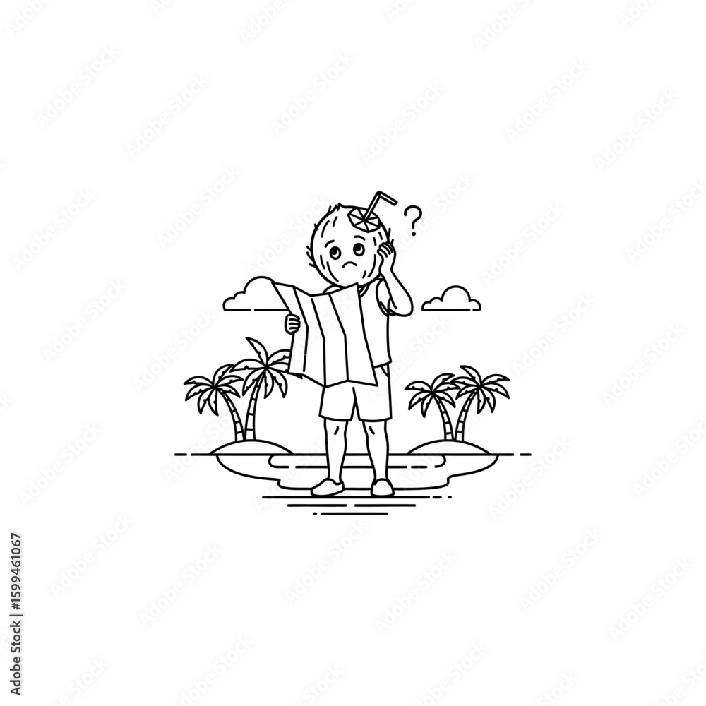 Poster a coconut character with a straw in its head is lost on an island looking at a map with a question m