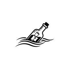 A black and white graphic of a bottle floating in water with a message and question mark inside it