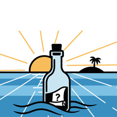 A message in a bottle floating on the ocean with a tropical island and sunset in the background scene