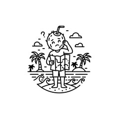 A coconut headed man looks at a map on a tropical beach with palm trees and ocean waves in line art
