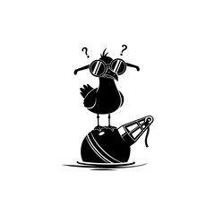 A cartoon seagull with sunglasses standing on a buoy with question marks above its head in black and white
