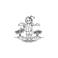 A coconut character with a straw in its head is lost on an island looking at a map with a question mark