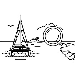 A sailboat on the ocean with a tropical island and a hand holding a magnifying glass in the foreground