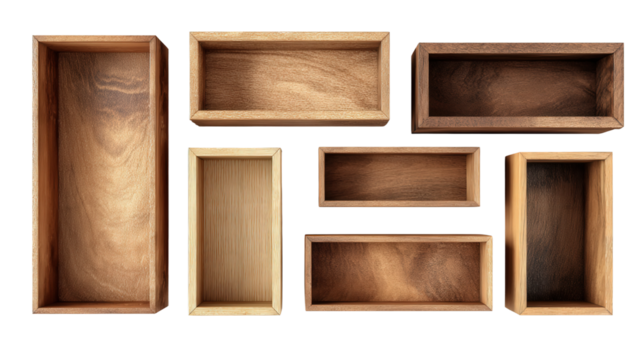 Handcrafted Wooden Boxes for Storage: A flat lay of handcrafted wooden boxes for storage, isolated on a Transparent background, PNG file.