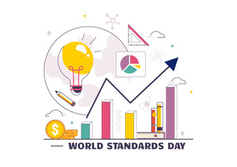 World Standards Day Vector Illustration on October 14 featuring a Globe, Stopwatch, Ruler Scale, and Quality Board in a Flat Style Cartoon Background