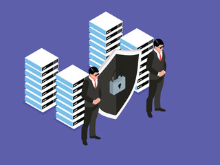 Naklejka na ściany i meble Data Center Security and Cybersecurity Protection 3d isometric vector illustration