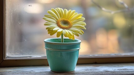 Yellow gerbera daisy in teal pot on windowsill