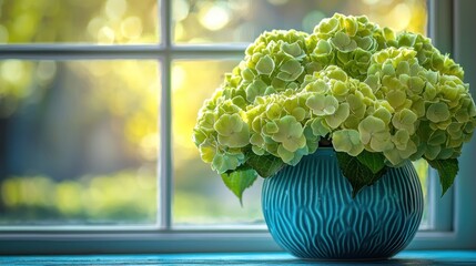 Light green hydrangea in a teal vase by a window