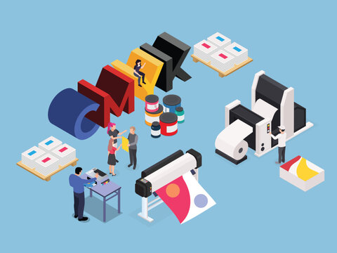 Printing Industry with CMYK Colors and Print Production Process 3d isometric vector illustration