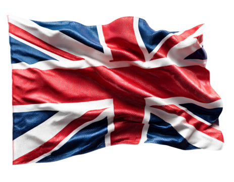 Waving UK Flag with Fabric Texture and Realistic Motion, Front View, Isolated on Transparent Background.png