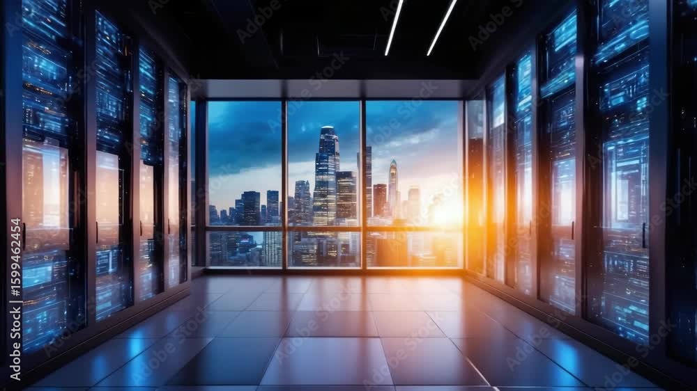 Poster data center servers with city skyline view, technology and data concept. server room with data stora