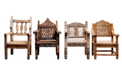 Handcrafted Wooden Chairs: A flat lay of handcrafted wooden chairs with intricate designs, isolated on a Transparent background, PNG file.
