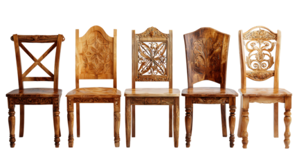 Handcrafted Wooden Chairs: A flat lay of handcrafted wooden chairs with intricate designs, isolated on a Transparent background, PNG file.