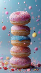 Stacked colorful donuts with sprinkles