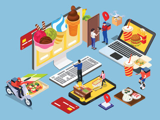 Online Food Delivery Service and Grocery Shopping Concept 3d isometric vector illustration