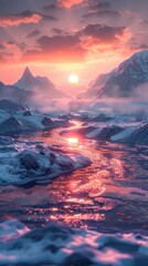 Winter sunset over a mountain river
