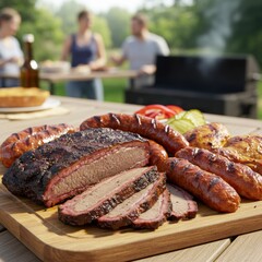 Grilled Brisket and Sausages with Friends Outdoors